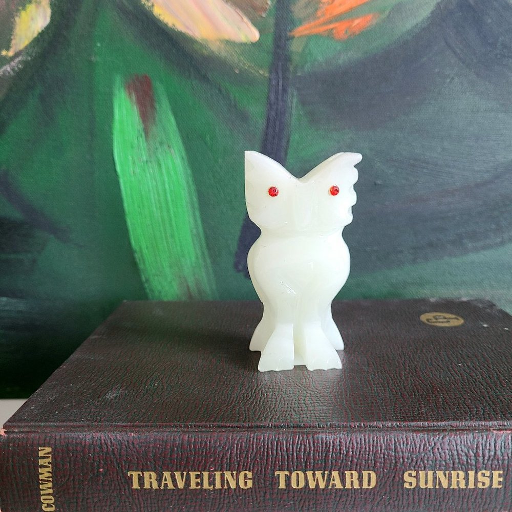 White Onyx owl figurine with red rhinestones eyes